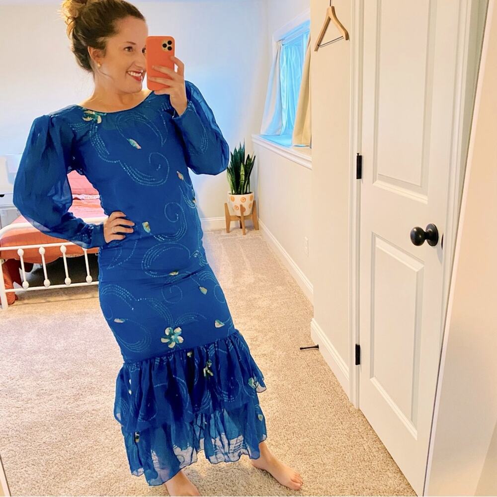 Vintage Handmade Blue Embellished Long Sleeve Mermaid Maxi Gown Small